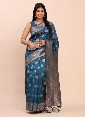Art Silk Trendy Saree with Woven Work in Teal for Casual