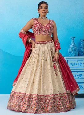 Embroidered Work Jacquard Silk Trendy Lehenga Choli in Cream and Red for Women