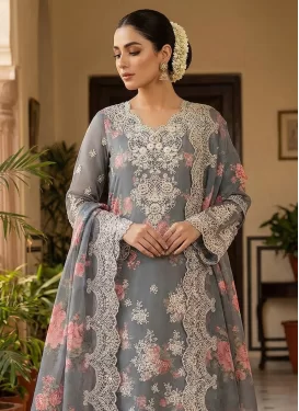 Digital Print Work Chiffon Straight Suit in Grey for Women