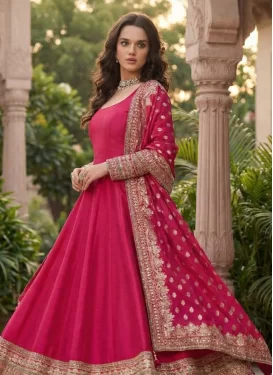 Vichitra Silk Anarkali Suit with Embroidered Work for Festival in Rose Pink