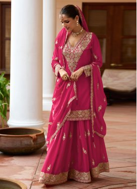 Rose Pink Chinon Embroidered Work Palazzo Suit for Women