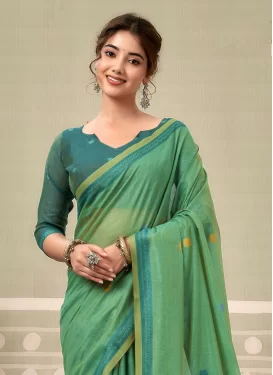 Woven Work Cotton Classic Saree in Green for Women