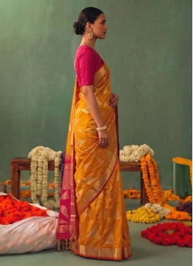 Silk Blend Trendy Saree with Woven Work in Orange and Rose Pink