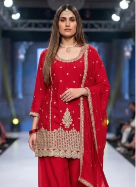Embroidered Work Palazzo Suit For Ceremonial in Red