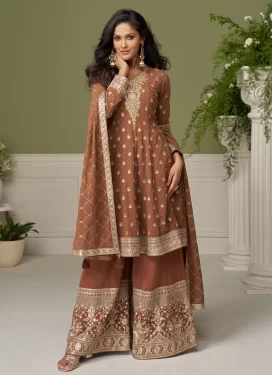Brown Chinon Palazzo Suit with Embroidered Work for Festival