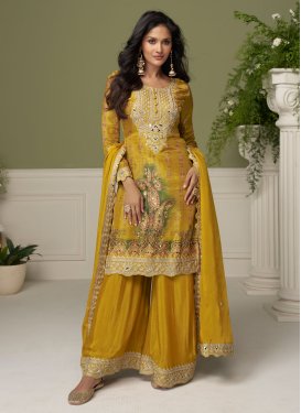 Digital Print Work Palazzo Suit For Party in Mustard