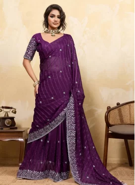 Chiffon Trendy Saree with Embroidered Work for Women in Purple