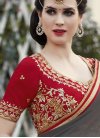 Faux Georgette Grey and Red Embroidered Work Trendy Classic Saree - 1