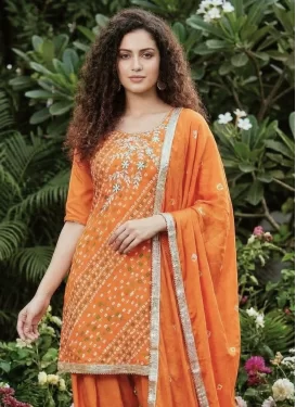 Orange Cotton Punjabi Salwar Suit with Bandhani Print Work for Ceremonial