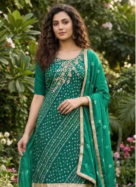 Cotton Bandhani Print Work Punjabi Salwar Suit in Green