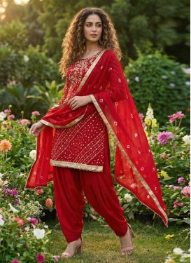 Cotton Punjabi Salwar Suit in Red with Bandhani Print Work for Women