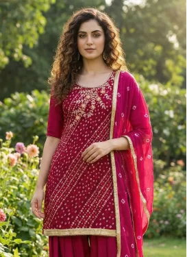 Cotton Punjabi Salwar Suit with Bandhani Print Work in Fuchsia