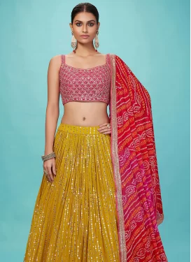 Mustard and Rose Pink Georgette Designer Lehenga Choli with Embroidered Work for Ceremonial