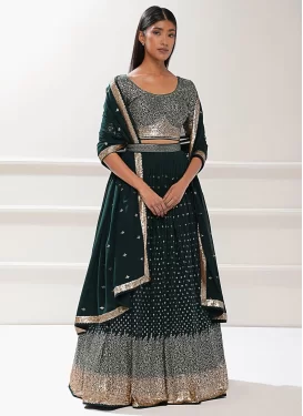 Embroidered Work Georgette Designer Lehenga Choli in Bottle Green for Festival