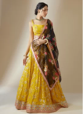 Georgette Designer Lehenga Choli in Yellow with Embroidered Work for Festival