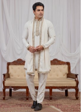 Fancy Fabric Kurta Pajama With Jacket with Cutdana Work for Men in Off White