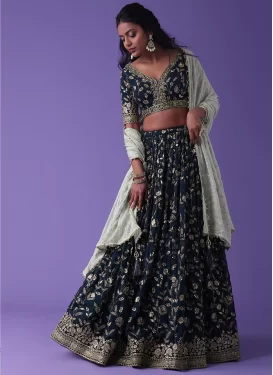 Georgette Trendy Lehenga Choli with Embroidered Work in Navy Blue