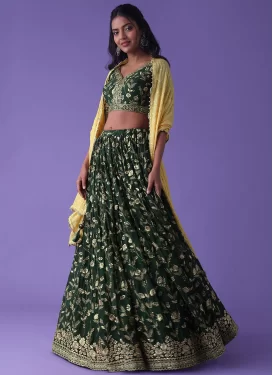 Georgette Trendy Lehenga Choli in Bottle Green with Embroidered Work for Women