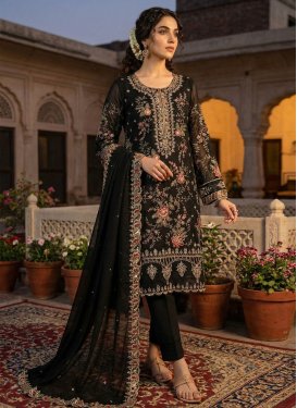 Chiffon Straight Suit with Embroidered Work in Black