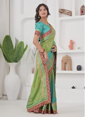 Embroidered Work Chinon Traditional Saree in Olive and Turquoise for Festival