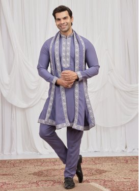 Violet Fancy Fabric Kurta Pajama With Jacket with Embroidered Work for Festival