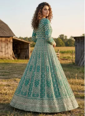 Embroidered Work Georgette Anarkali Suit in Aqua Blue for Women