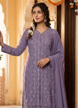 Violet Georgette Straight Suit with Embroidered Work for Ceremonial