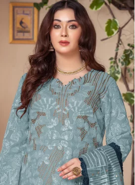 Embroidered Work Chiffon Pakistani Suit in Light Blue for Women