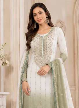 Crunchy Silk Pakistani Suit with Embroidered Work for Women in Off White and Olive