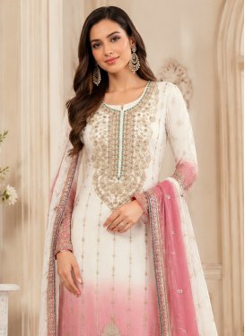 Embroidered Work Pakistani Suit For Ceremonial in Off White and Pink