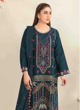 Embroidered Work Silk Blend Pakistani Suit in Teal for Ceremonial