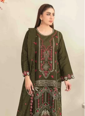 Embroidered Work Silk Blend Pakistani Suit in Olive for Women