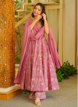 Digital Print Work Maslin Anarkali Suit in Mauve Pink for Women