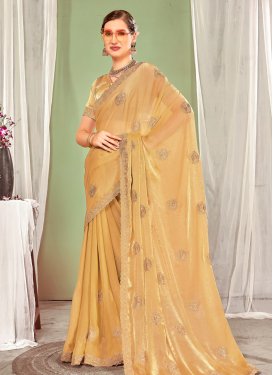 Embroidered Work Fancy Fabric Traditional Saree in Gold for Women
