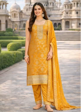 Embroidered Work Jacquard Silk Readymade Salwar Suit in Mustard for Women