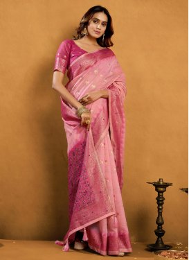 Woven Work Cotton Classic Saree in Rose Pink and Salmon for Ceremonial