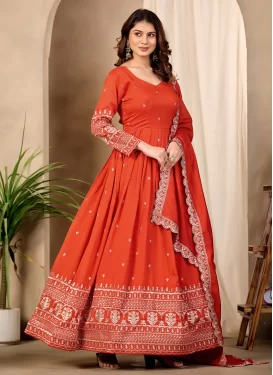 Silk Blend Designer Gown with Embroidered Work for Festival in Tomato