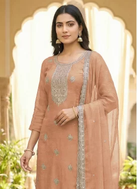 Embroidered Work Crunchy Silk Straight Suit in Peach for Women