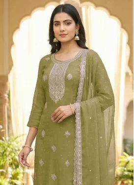 Olive Crunchy Silk Embroidered Work Straight Suit for Women