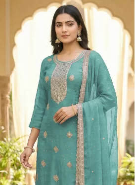 Turquoise Crunchy Silk Embroidered Work Straight Suit for Women