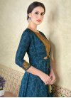 Mustard and Navy Blue Print Work Jacket Style Floor Length Suit - 1