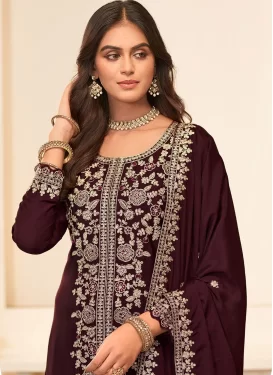 Embroidered Work Chinon Palazzo Suit in Wine for Women