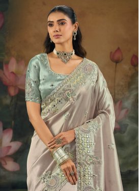 Silk Traditional Saree with Embroidered Work for Festival in Silver Color