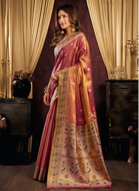 Tissue Classic Saree with Woven Work for Ceremonial in Coral