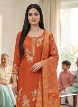 Embroidered Work Georgette Straight Suit in Orange for Women
