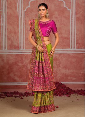 Mint Green and Rose Pink Silk Embroidered Work Traditional Saree for Women