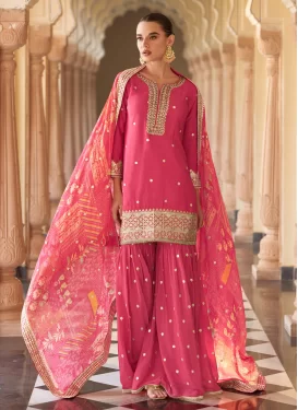 Chinon Sharara Suit in Hot Pink with Embroidered Work for Women