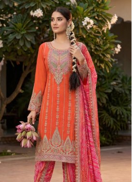 Embroidered Work Chinon Punjabi Salwar Suit in Orange and Rose Pink for Women