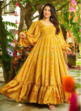 Digital Print Work Chinon Trendy Gown in Mustard for Women