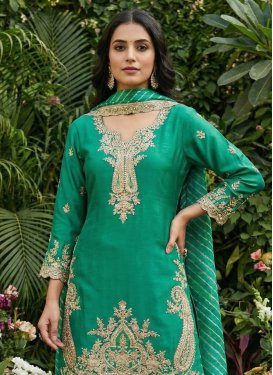 Embroidered Work Chinon Punjabi Salwar Suit in Green for Festival
